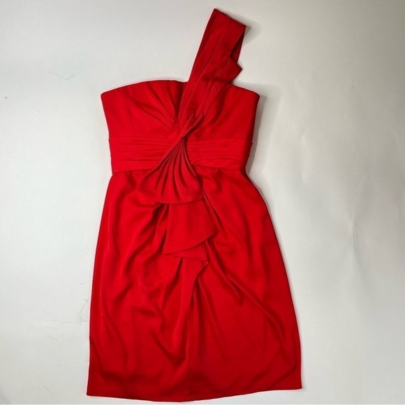 Bcbgmaxazria Palais Red Bow Pleated One Shoulder Sexy Silky Crepe Mini Dress - Picture 2 of 15